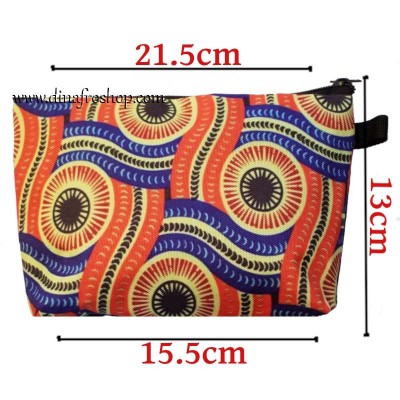 Trousse de beauté en tissu imprimé africain orange/jaune/bleu
