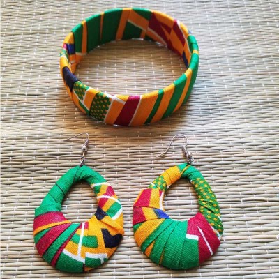 Parure boucle d'oreilles et bracelet en tissu africain wax
