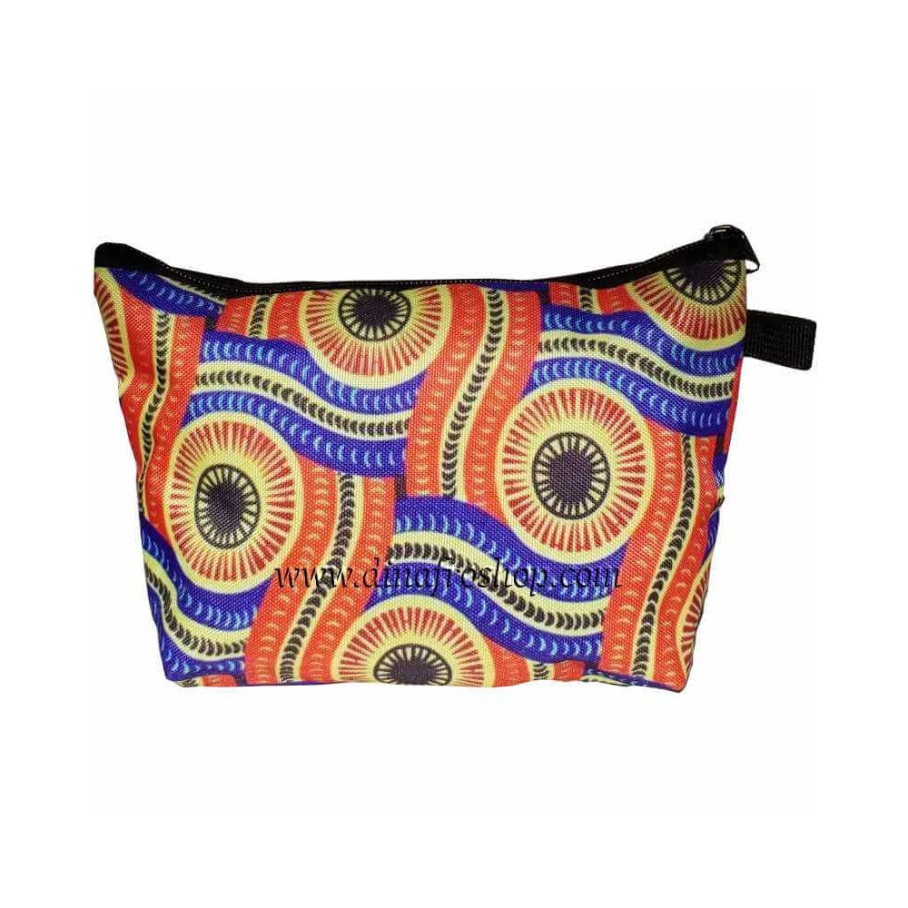 Trousse de beauté en tissu imprimé africain orange/jaune/bleu