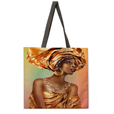 Sac fourre-tout Tote bag en lin imprimé femme africaine