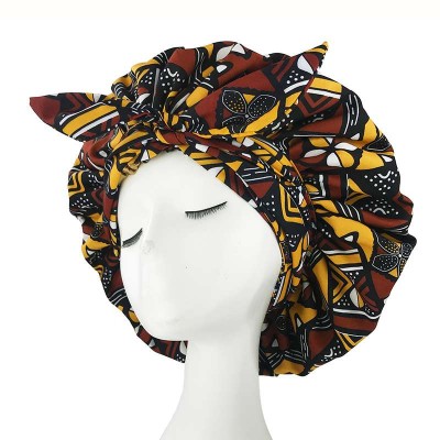 Bonnet Turban en satin imprimé africain marron