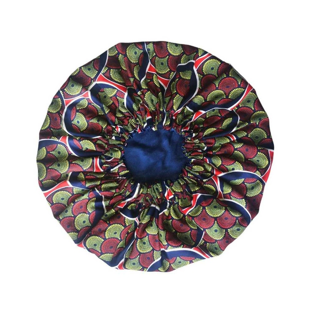 Bonnet de nuit en satin imprimé wax/bleu-rouge-vert